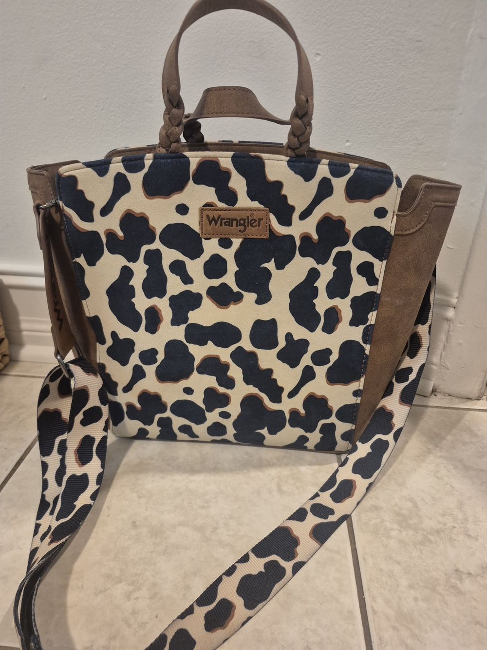 Wrangler Cowhide-Print Crossbody Tote in Navy Blue and Brown